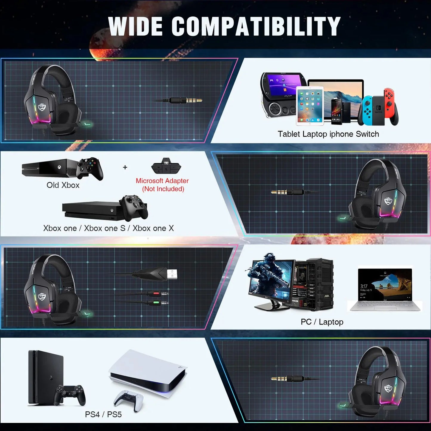 Comfortable Wired Gaming Headset – Noise Canceling Mic, RGB Light, Compatible with Xbox/PS4/PS5/PC/Switch – Multiplatform Gaming Headphones
