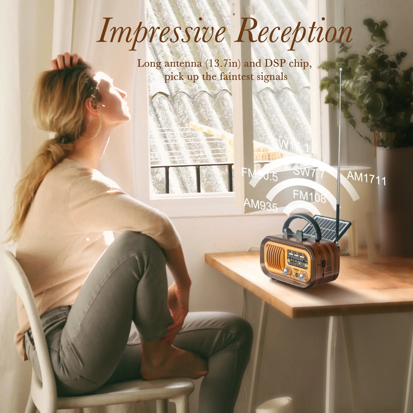 Small Retro Vintage Radio with Bluetooth – AM/FM Transistor, Solar/Battery Rechargeable, TWS, Supports TF Card & USB Playback, Great Sound