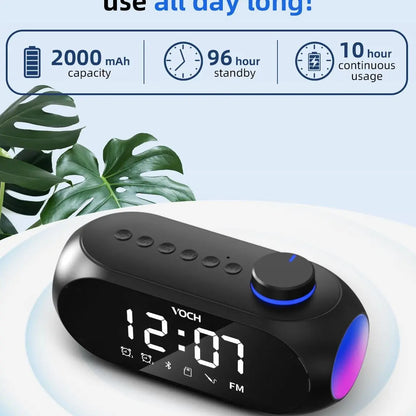 Bluetooth Speaker with Dual Alarm Clock – FM Radio, TF Card Slot, AUX Input, LED Mood Light – Digital Bedside Clock for Bedroom, Home, Travel