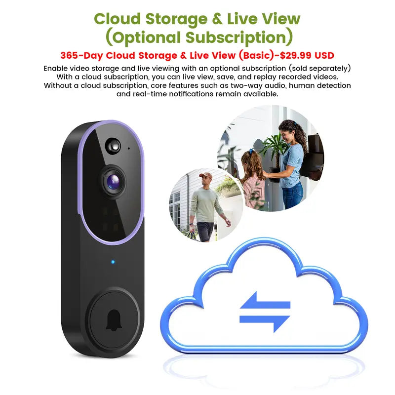 Wireless Video Doorbell Camera, Smart Security Doorbell Camera, 1080P, AI Human Detection , Night Vision, Instant Alert, Two Way Audio, 2.4G WiFi Only, Simple Installation and Rechargeable Battery, Cloud Storage, WiFi Camera