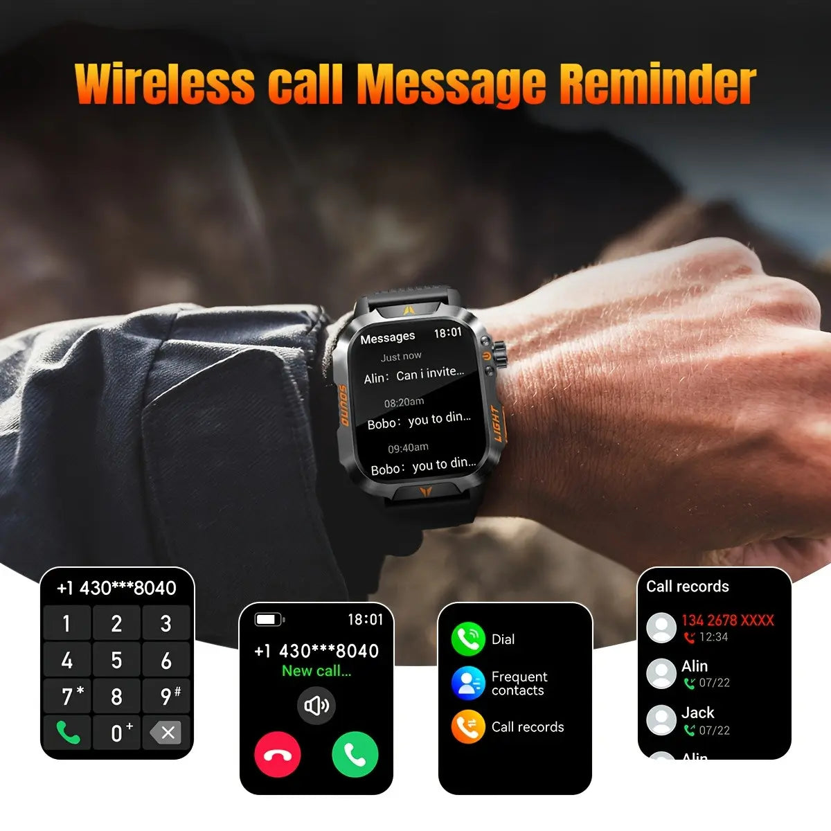 2026 Manly Style Smart Sports Watch with LED Lights - Wireless Calling, Message Reminders, Sports Mode, Voice Assistant and More for Men, Compatible with Android and iPhone