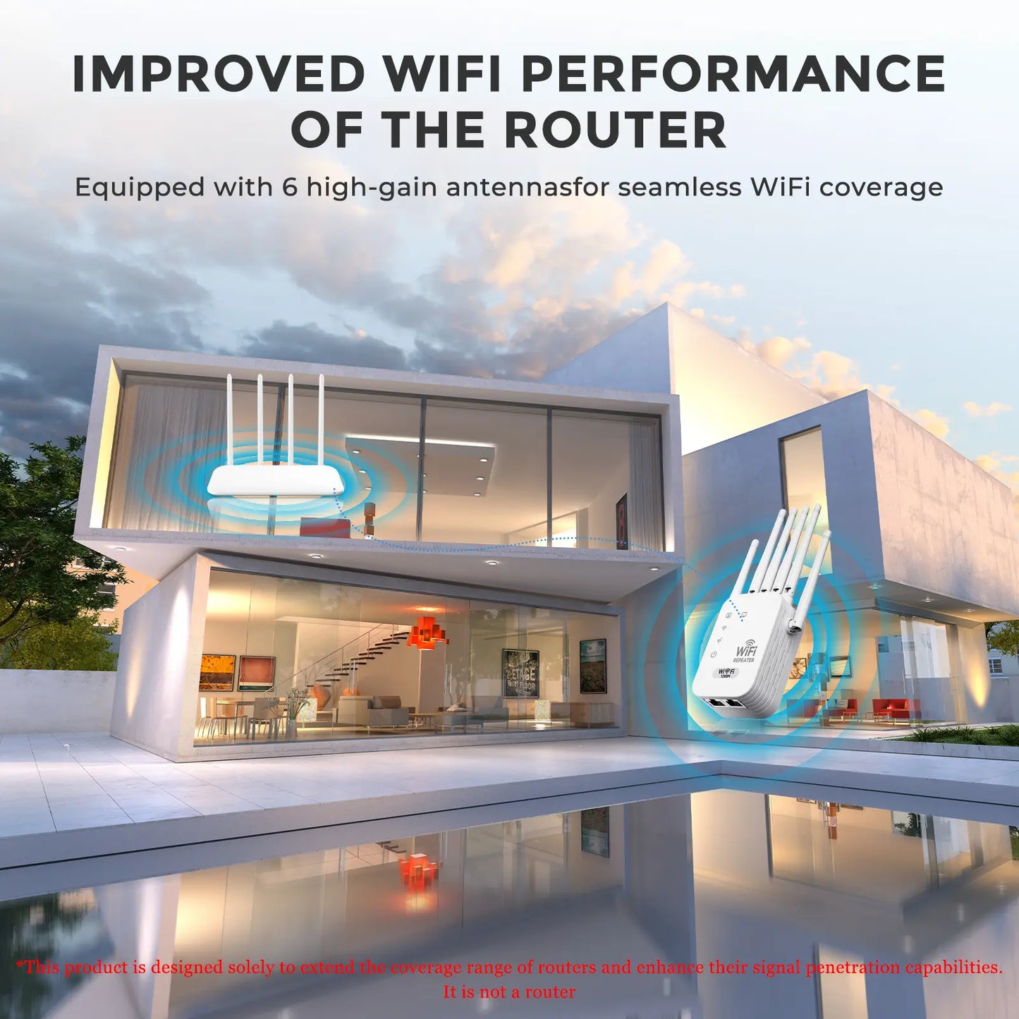 WiFi Extender 6-Antenna Strong Signal - 1200Mbps Dual Band 2.4GHz Booster, Wide Coverage Wireless Amplifier for Home Studios and Remote Workspaces