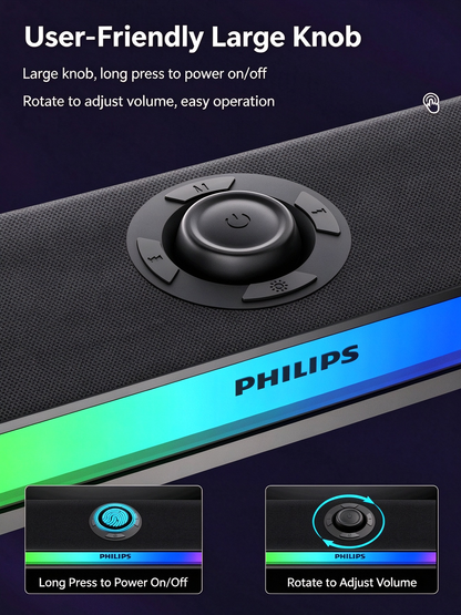 Philips Wireless Bluetooth Speaker - Desktop Long Strip Luminous RGB Gaming Esports Low Latency Soundbar for Computer, TV, Phone & Home Use