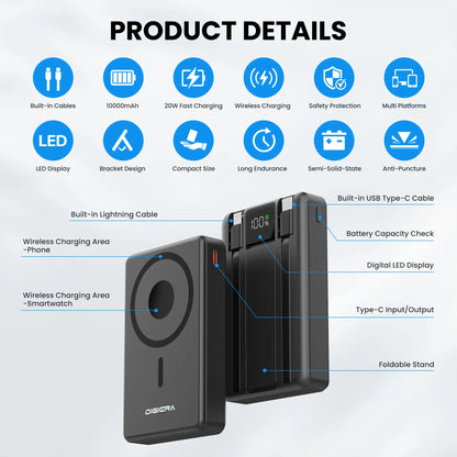 Digiera 10000mAh MagSafe Wireless Power Bank with Dual USB-C and Lightning Cables - Fast Charging, LED Display, Compact Travel Charger for iPhone 17/16/15/14/13/12 Series