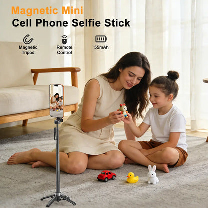 4-in-1 Magnetic Selfie Stick with Remote - 360° Rotation, Transforms into Mini Tripod, Camera Grip, Handheld Stabilizer and Phone Stand, Extends to 17.32 Inches
