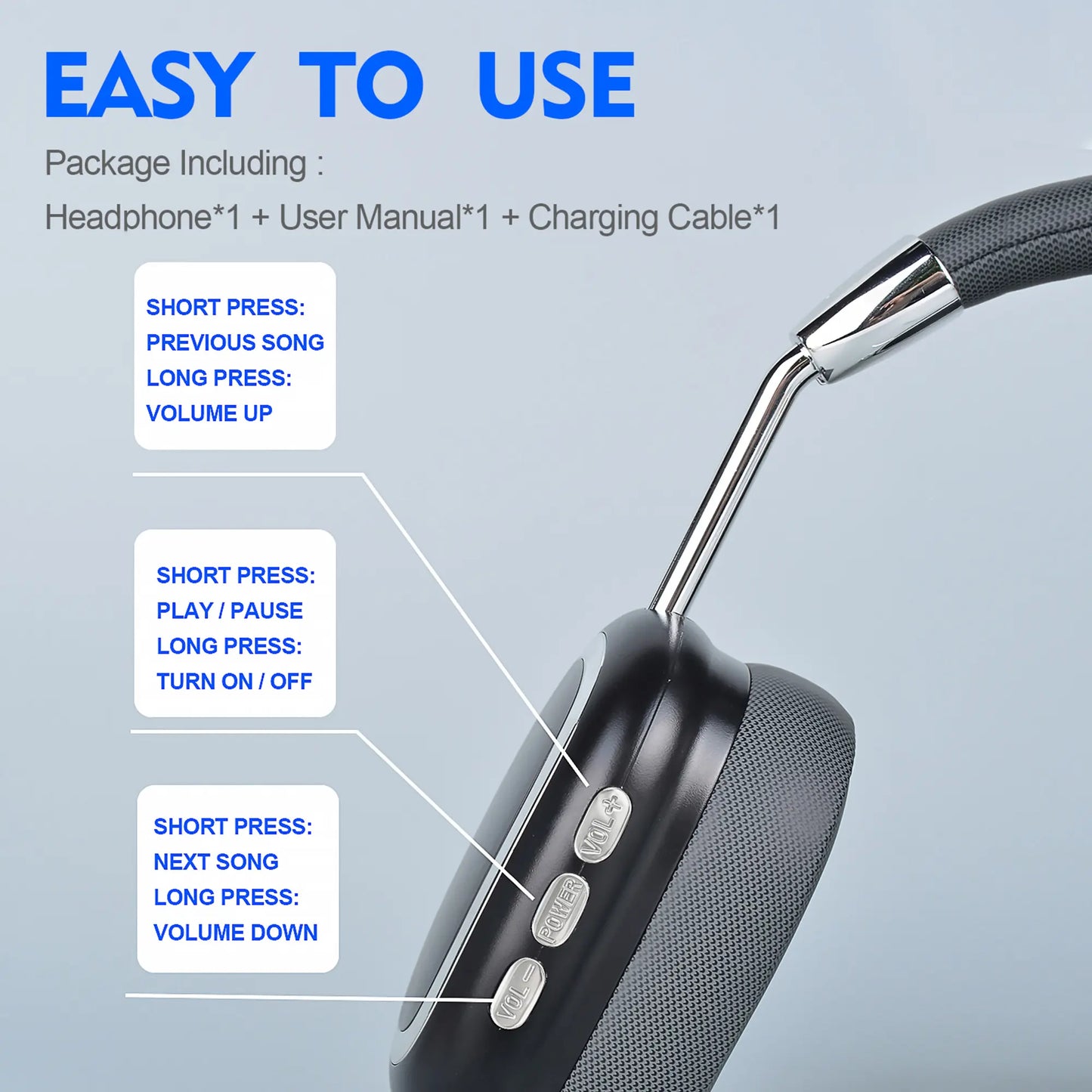 Black Over-Ear Wireless Bluetooth Headset - Portable Foldable Headset with Soft Ear Cushions, Wireless Noise Cancelling, Cable-Wired Foldable Headphones, Suitable for Travel, Laptops, Mobile Phones, Tech Gadgets, Teen Gift