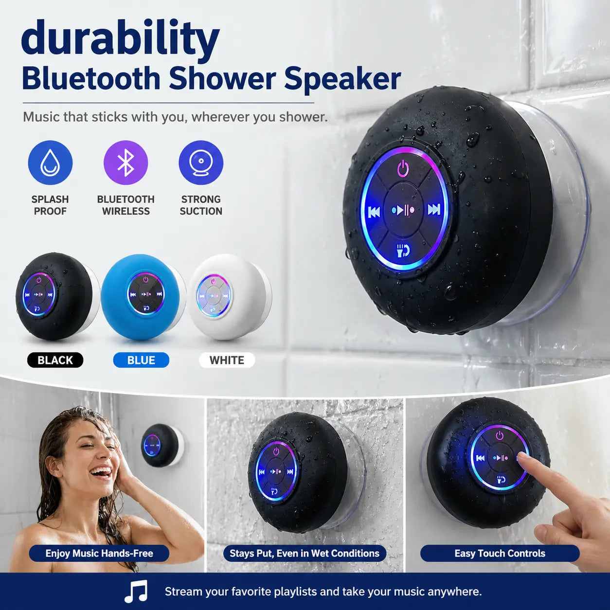 Waterproof Bluetooth Speaker with Suction Cup & Lanyard 2-in-1 Portable Wireless Shower Speaker for Bathroom, Outdoor, Beach & Car RGB LED Mini Travel Speaker for Hiking Camping | Gift for Men Women – 🔥 Order 1 Get 2 🔥