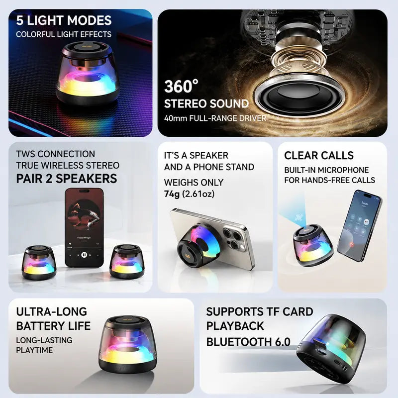 Monster Portable Mini Wireless Bluetooth Speaker, RGB Light Show, TWS Stereo Sound, 2 Speakers Pairing, 360° Surround Sound, Magnetic Suction, TF Card Support, Bluetooth 6.0, Ultra-Long Battery Life, for Home, Outdoor, Party - SummerWins - DealsForYouDays