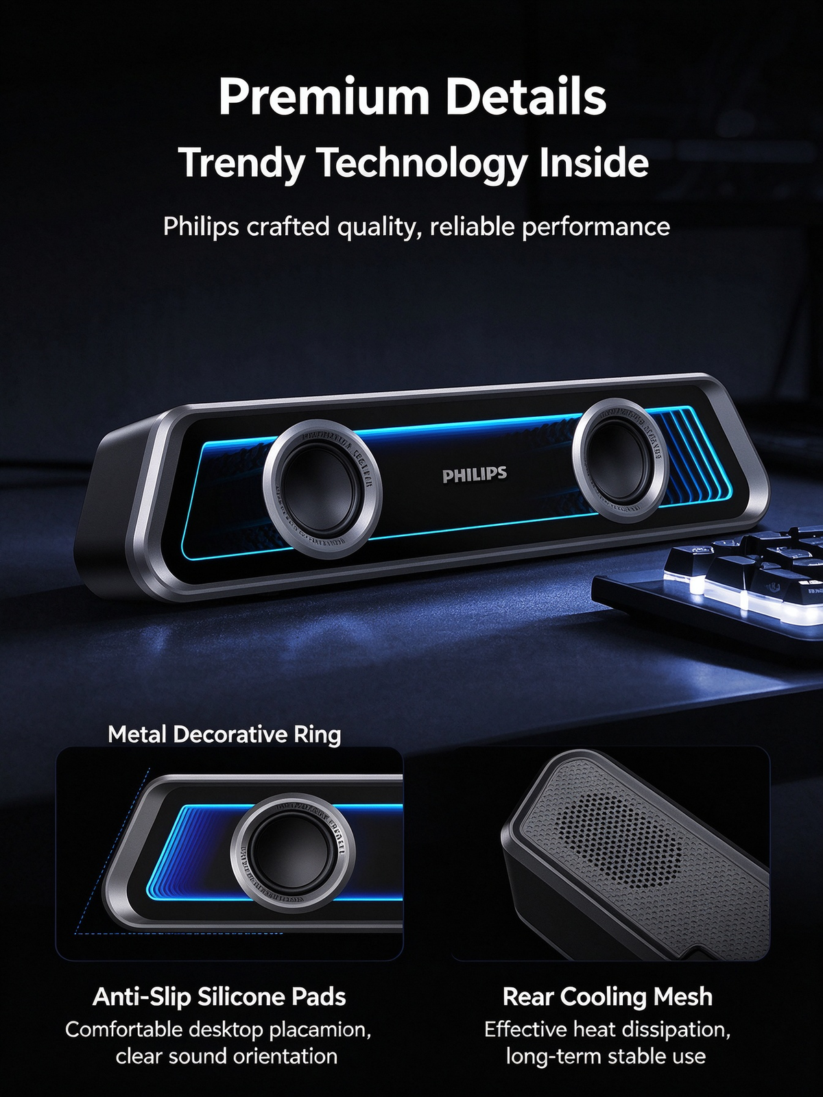Philips Mirror-Finish Bluetooth Speaker - RGB Lighting, Long Strip Soundbar with Treble & Bass, Home Esports Gaming Speaker, TV Soundbar, Immersive Sound