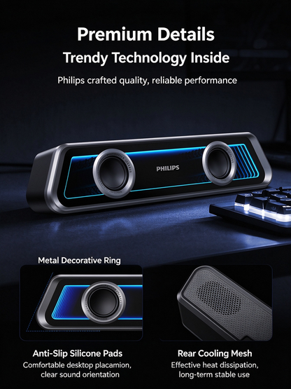 Philips Mirror-Finish Bluetooth Speaker - RGB Lighting, Long Strip Soundbar with Treble & Bass, Home Esports Gaming Speaker, TV Soundbar, Immersive Sound