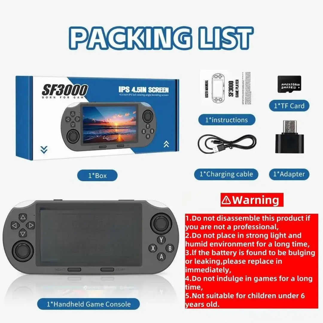 LASTEND SF3000 Portable Retro Handheld Game Console - 4.5-Inch IPS Display, 3000mAh Battery, 16GB TF Card, Compact Gaming Set