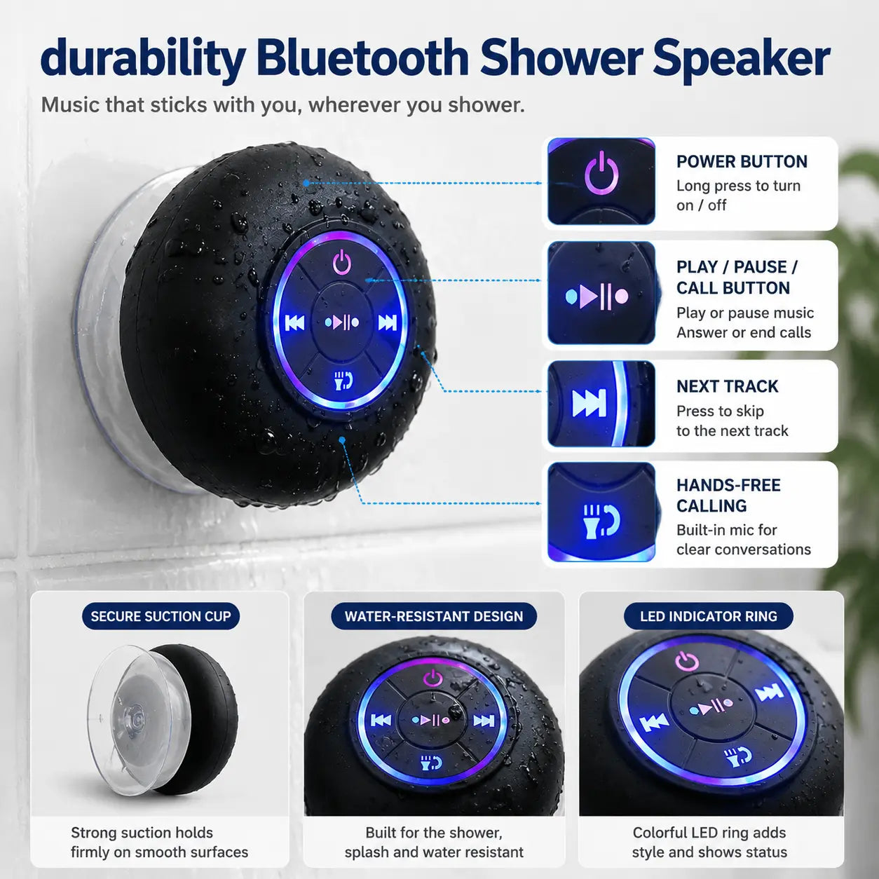 Waterproof Bluetooth Speaker with Suction Cup & Lanyard 2-in-1 Portable Wireless Shower Speaker for Bathroom, Outdoor, Beach & Car RGB LED Mini Travel Speaker for Hiking Camping | Gift for Men Women – 🔥 Order 1 Get 2 🔥