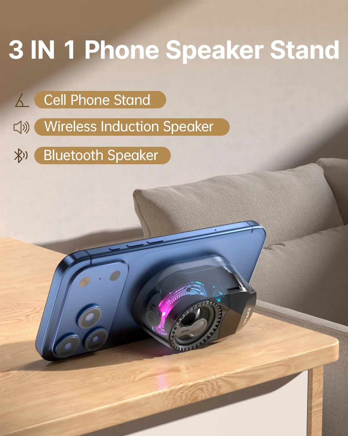 3-in-1 Portable Magnetic Bluetooth Speaker Headphones Phone Holder – Dual Separate Bluetooth 5.4, 600mAh Battery, Twin Wireless Speakers + Headphones for iPhone/Android, Travel Office Multi-Device