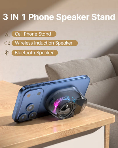 3-in-1 Portable Magnetic Bluetooth Speaker Headphones Phone Holder – Dual Separate Bluetooth 5.4, 600mAh Battery, Twin Wireless Speakers + Headphones for iPhone/Android, Travel Office Multi-Device