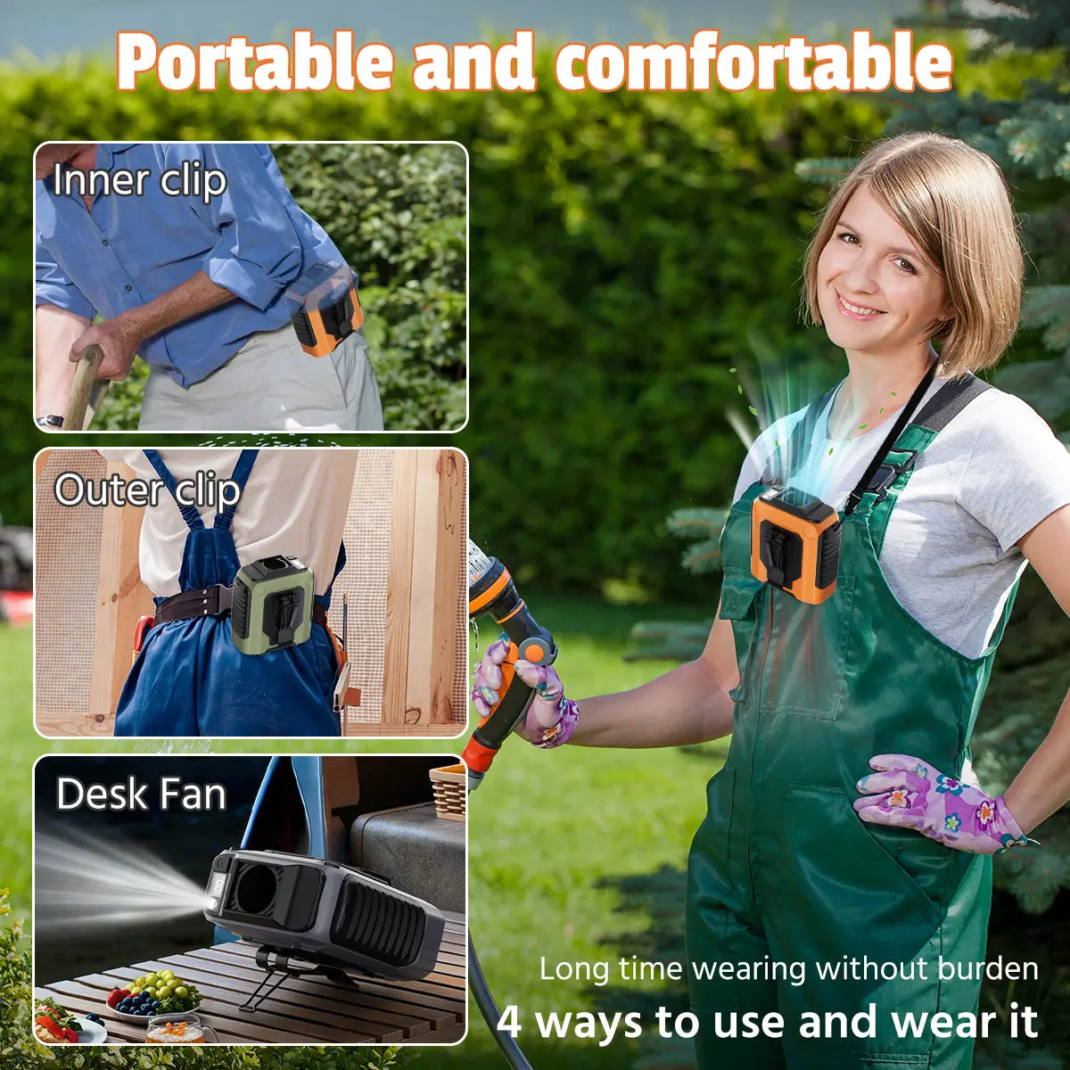 Portable Waist Clip Fan - 4-in-1 Wearable Personal Fan with 5 Speeds up to 15000RPM, USB Rechargeable Hands-Free Design with LED Light for Outdoor Work, Camping and Travel