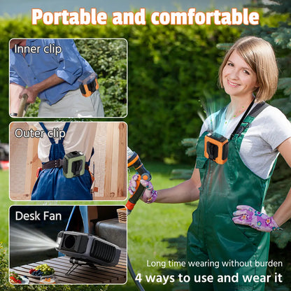 Portable Waist Clip Fan - 4-in-1 Wearable Personal Fan with 5 Speeds up to 15000RPM, USB Rechargeable Hands-Free Design with LED Light for Outdoor Work, Camping and Travel