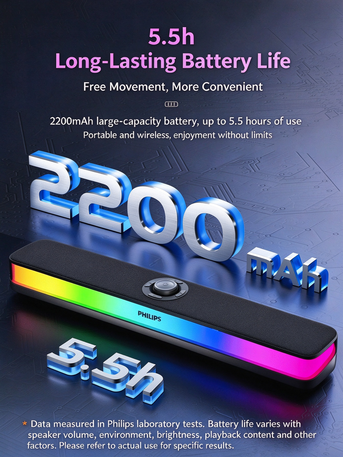 Philips Wireless Bluetooth Speaker - Desktop Long Strip Luminous RGB Gaming Esports Low Latency Soundbar for Computer, TV, Phone & Home Use