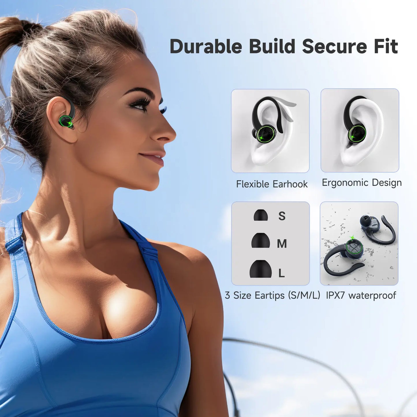 Wireless Bluetooth Earbuds - IPX7 Water Repellent, Sturdy In-Ear Headphones with Type-C Jack, Noise Reduction, 1-Year Warranty, High-Quality Audio, Hanging Ear Design (Black)