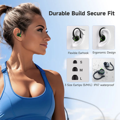 Wireless Bluetooth Earbuds - IPX7 Water Repellent, Sturdy In-Ear Headphones with Type-C Jack, Noise Reduction, 1-Year Warranty, High-Quality Audio, Hanging Ear Design (Black)