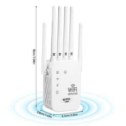WiFi Extender 6-Antenna Strong Signal - 1200Mbps Dual Band 2.4GHz Booster, Wide Coverage Wireless Amplifier for Home Studios and Remote Workspaces