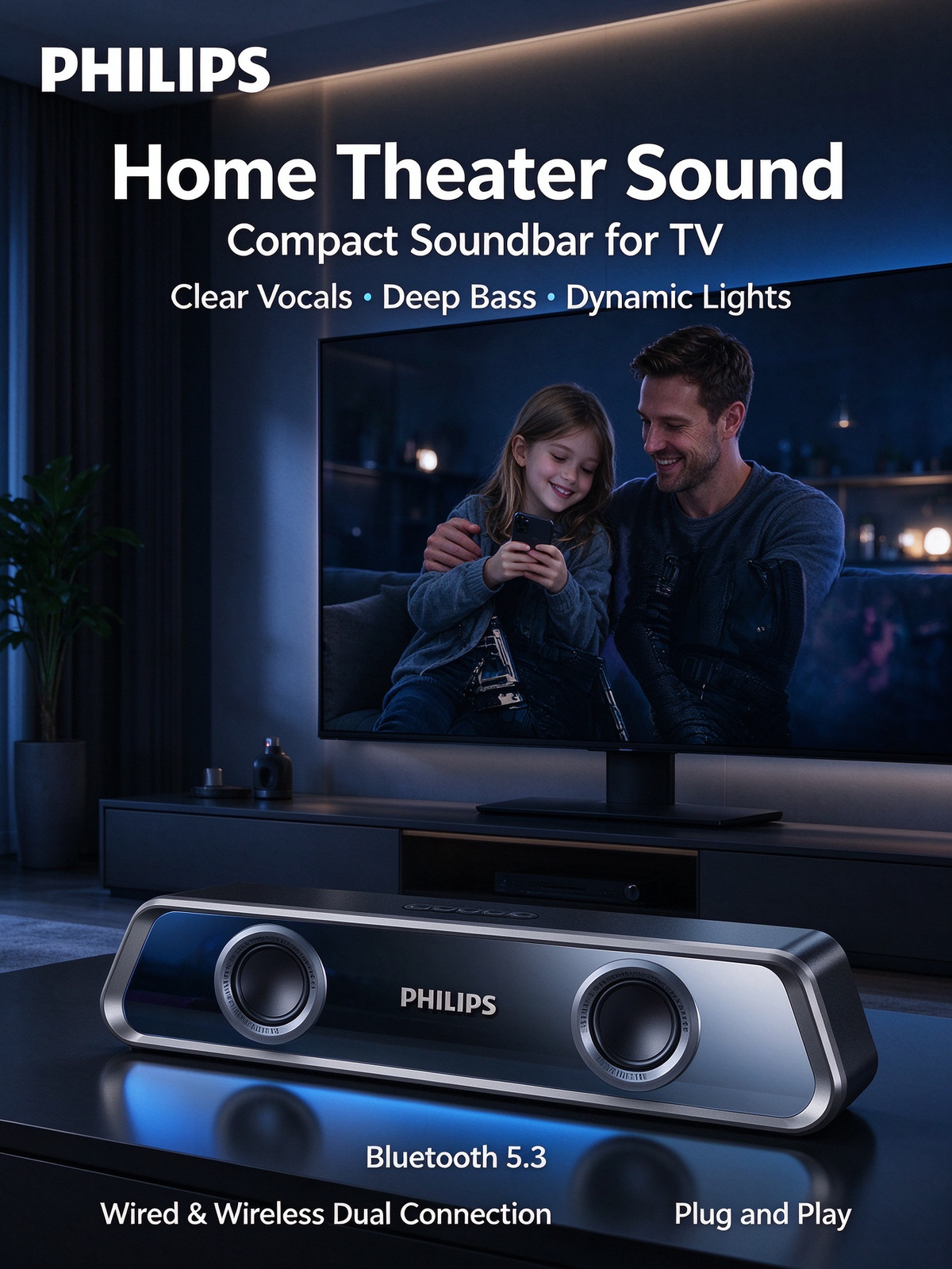 Philips Mirror-Finish Bluetooth Speaker - RGB Lighting, Long Strip Soundbar with Treble & Bass, Home Esports Gaming Speaker, TV Soundbar, Immersive Sound