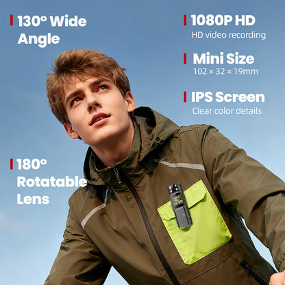 1080P Compact Mini Body Camera - 180° Rotating Lens, 130° Wide Angle, Night Vision, WiFi, Motion Detection, Portable Wearable Camcorder for Work and Sports Recording