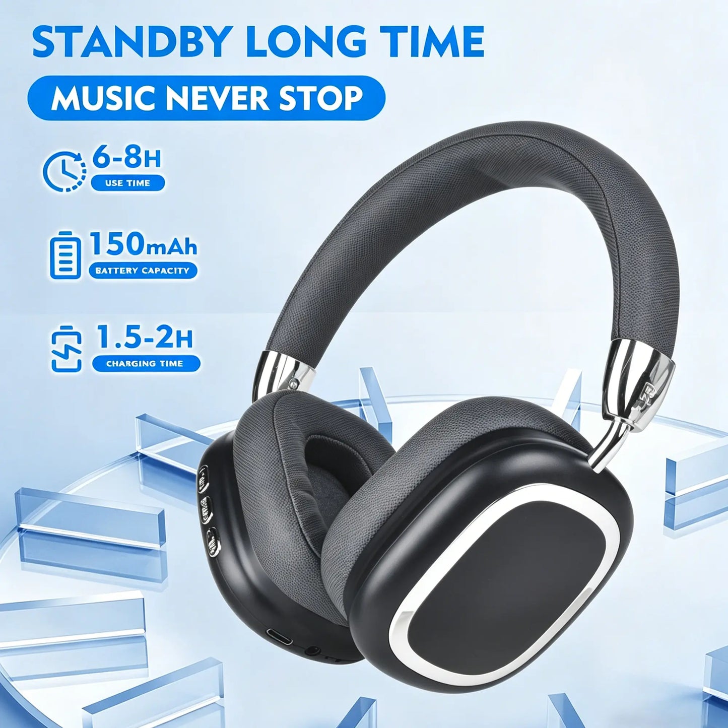 Black Over-Ear Wireless Bluetooth Headset - Portable Foldable Headset with Soft Ear Cushions, Wireless Noise Cancelling, Cable-Wired Foldable Headphones, Suitable for Travel, Laptops, Mobile Phones, Tech Gadgets, Teen Gift