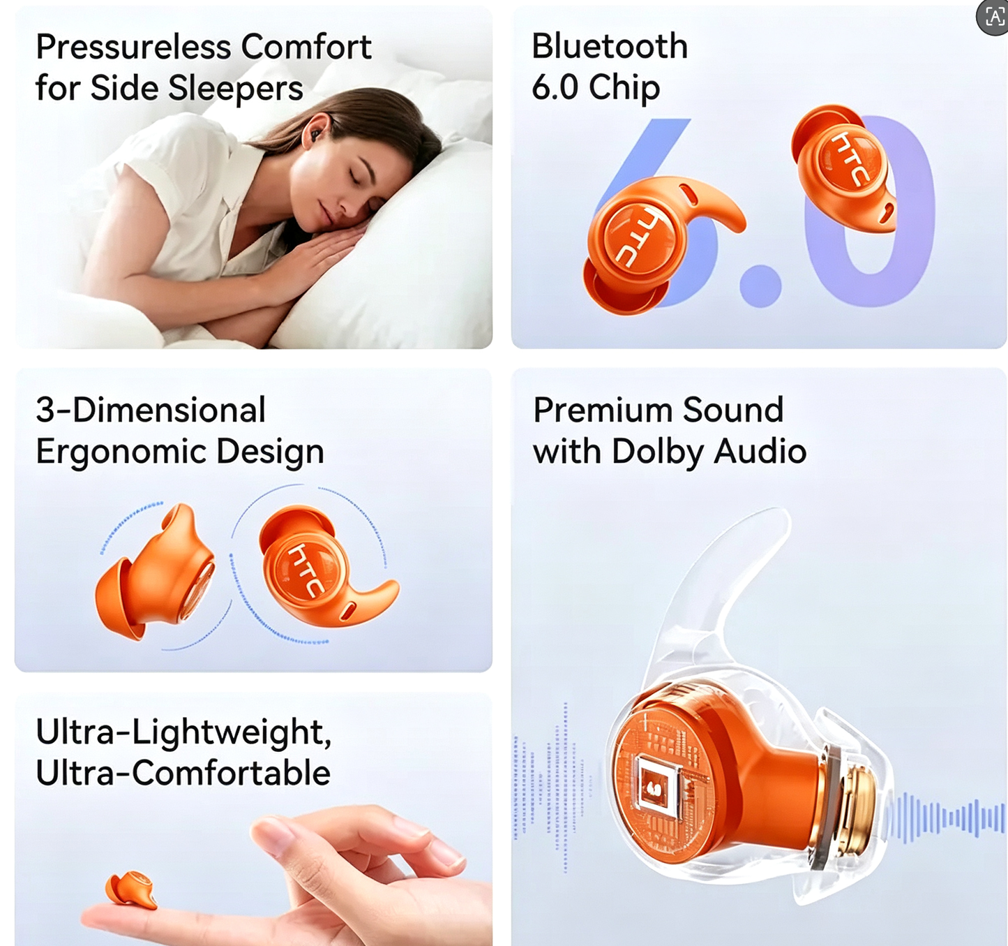 【Orange】HTC NE76 Bluetooth 6.0 Wireless Sleep Headphones. Features Bass & Noise Reduction. Invisible Flat Earbud Design improves sleep quality, zero pressure on ears while side sleeping. Ideal for travelers, side sleepers, and people with insomnia.