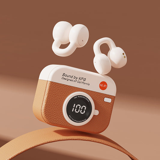 2026 Retro Cartoon‑Camera TWS Ear Clip Bluetooth Headphones – Bone‑Conduction Non‑in‑Ear, Leather Ear Hooks, 9D HIFI Stereo, Long Battery Life – Perfect for Sports & Valentine’s Day Gift, iOS & Android Compatible