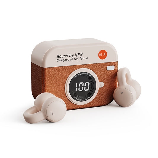 2026 Retro Cartoon‑Camera TWS Ear Clip Bluetooth Headphones – Bone‑Conduction Non‑in‑Ear, Leather Ear Hooks, 9D HIFI Stereo, Long Battery Life – Perfect for Sports & Valentine’s Day Gift, iOS & Android Compatible