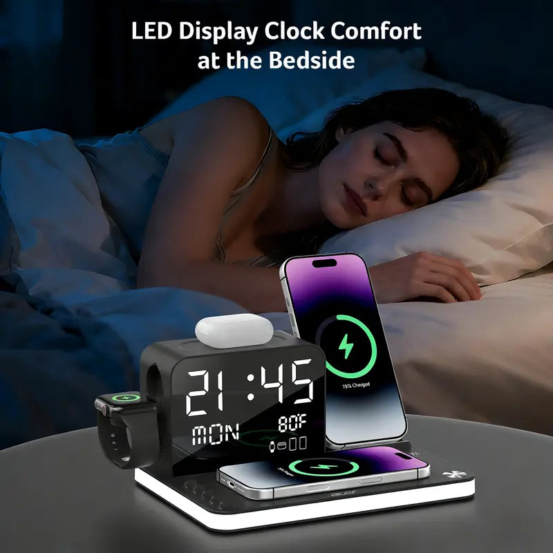 Acer 7 in 1 Wireless Charging Station with Fast Wireless Charger, LED Night Light, Bluetooth Time Sync Clock & Temperature Display, USB-A & USB-C, Magnetic MagSafe – for iPhone, Android Phone, Apple Watch & AirPods, Gift